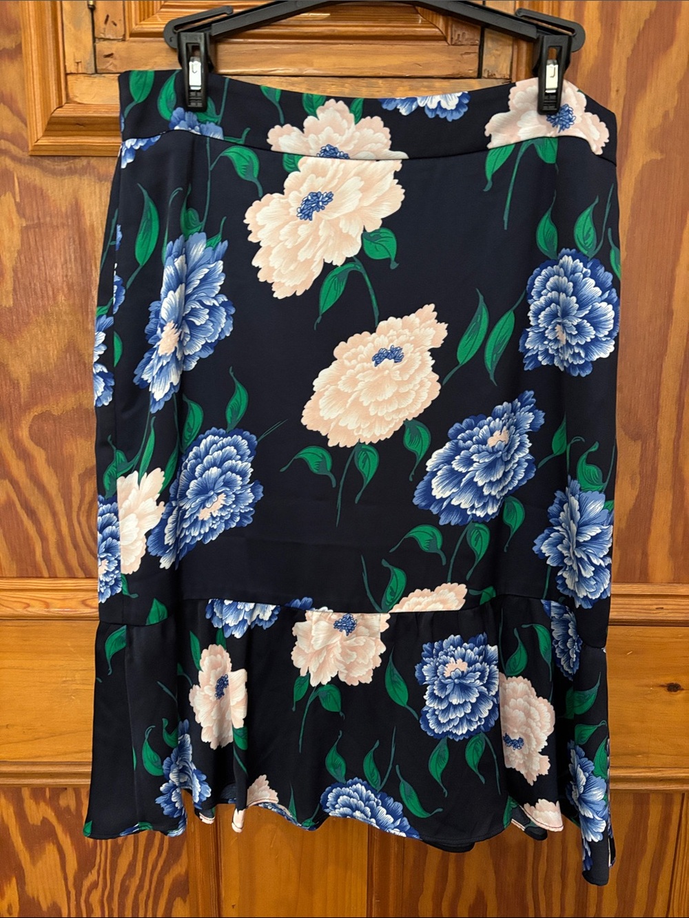 Floral Tiered Midi Skirt - Navy with Blue & Cream Flowers